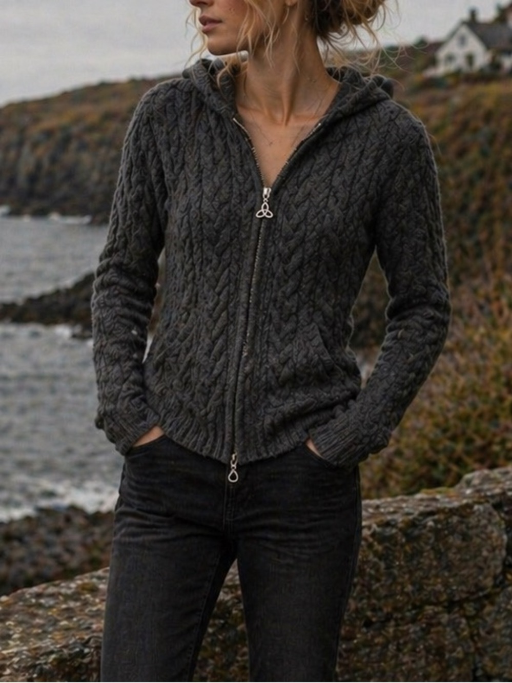 Aran Sweater Market Irish Wool Cable Knit Zip Cardigan Hoodie Gray XS